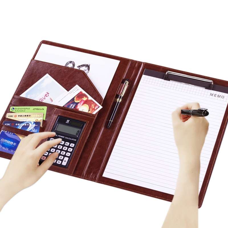 Office Supplies Business Style Leather Document Folder with 30-pages A4 Note Pad & Calculator (Black