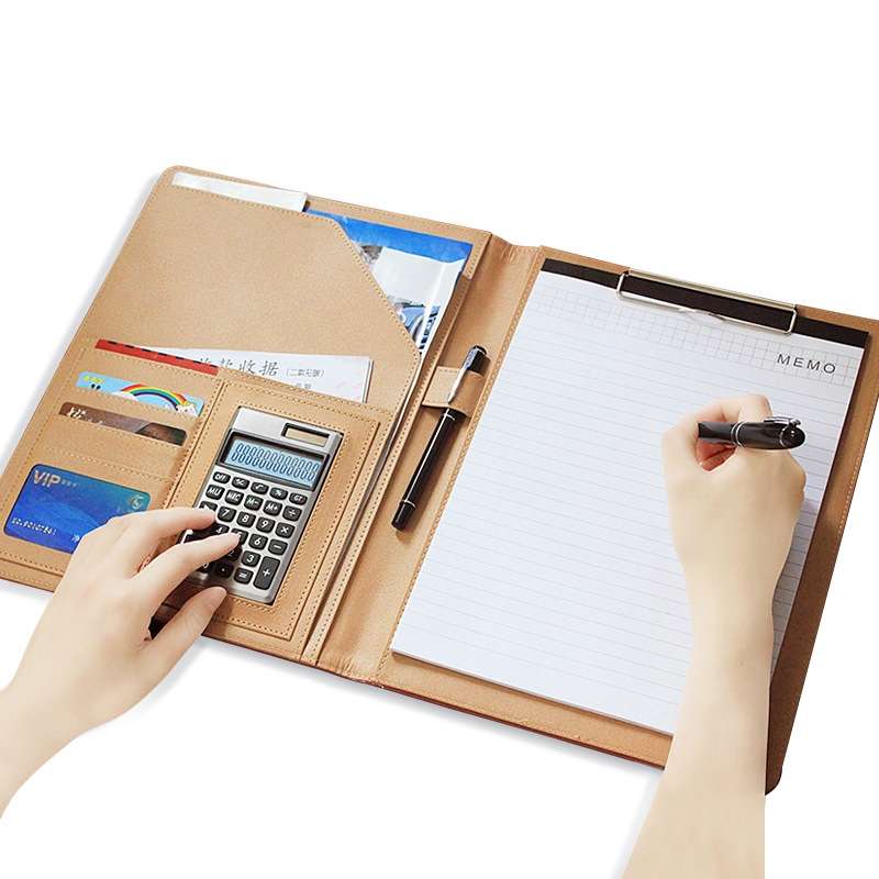 Office Supplies Business Style Leather Document Folder with 30-pages A4 Note Pad & Calculator (Black