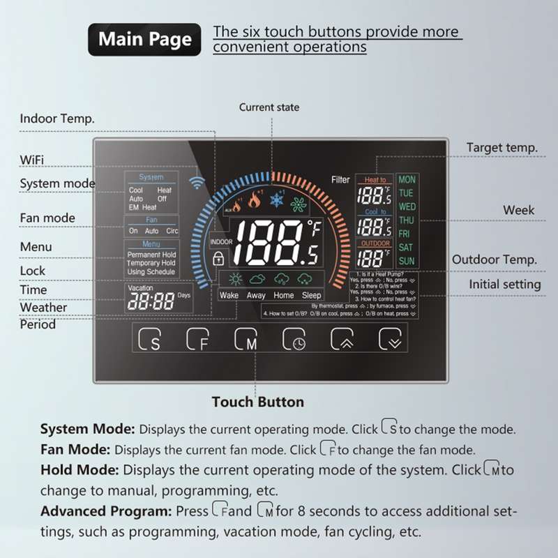 BHP-8000-SS 3H2C Smart Home Heat Pump Round Room Brushed Mirror Housing Thermostat without WiFi, AC