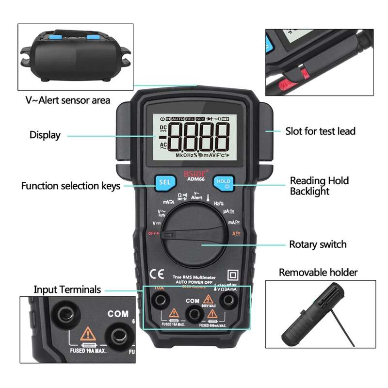 BSIDE ADM66 Handheld Household 6000 Count AC / DC Current Voltage Capacitor Automatic Range Multimet