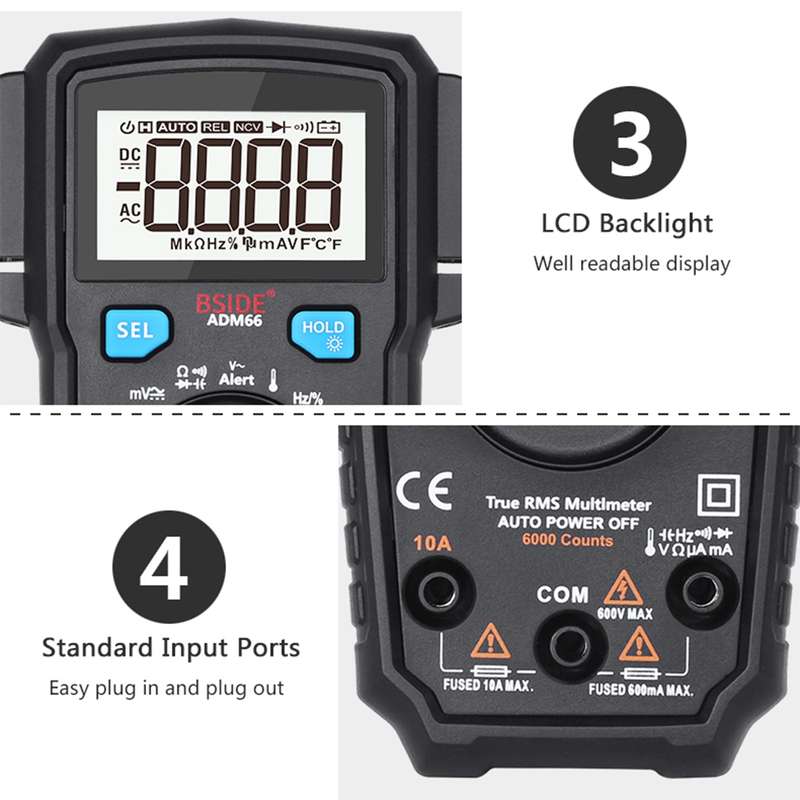 BSIDE ADM66 Handheld Household 6000 Count AC / DC Current Voltage Capacitor Automatic Range Multimet