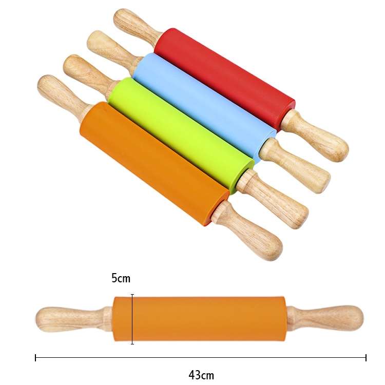 kn055 Solid Wooden Handle Silicone Rolling Pin Non-stick Food Dumpling Stick, Length: 43cm, Random C