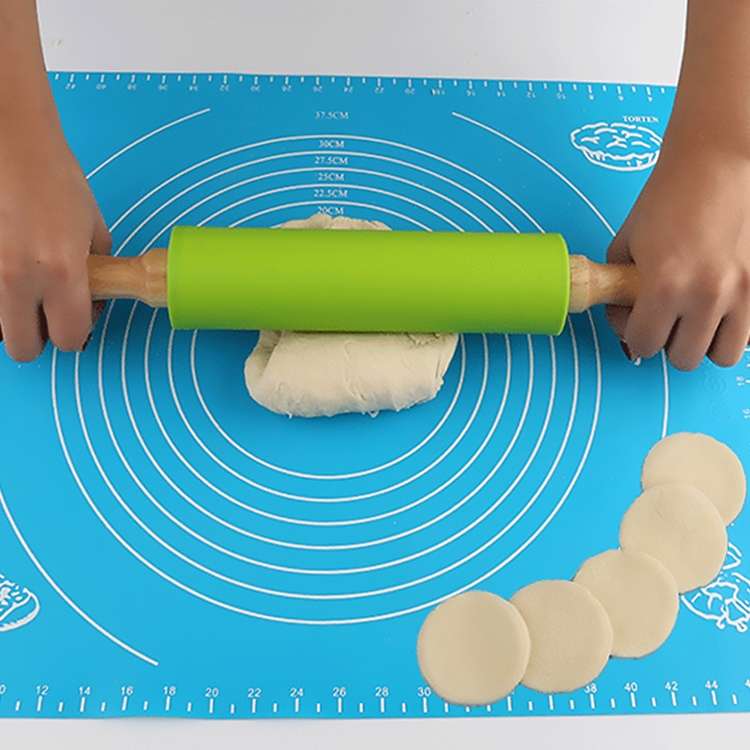 kn055 Solid Wooden Handle Silicone Rolling Pin Non-stick Food Dumpling Stick, Length: 43cm, Random C