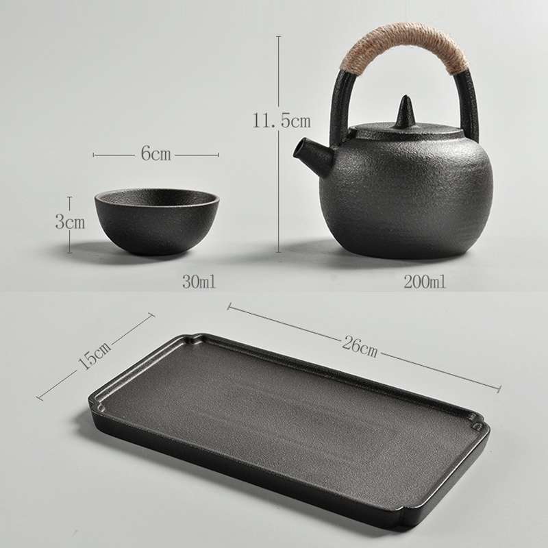 Portable Travel Ceramics Loop Handle Pot Teapot Teacup Set with Tea Tray(Black)