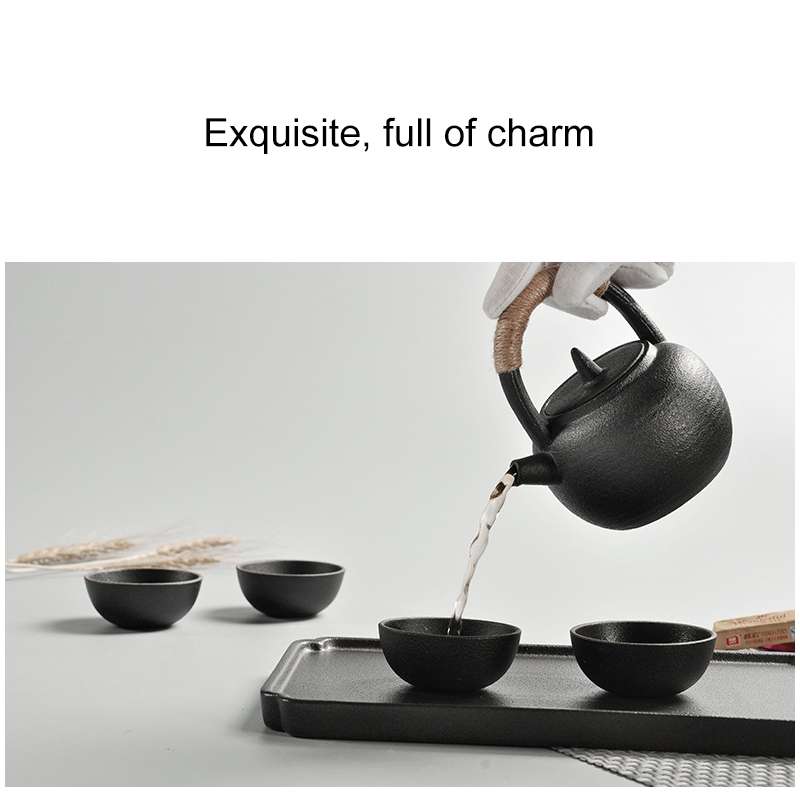 Portable Travel Ceramics Loop Handle Pot Teapot Teacup Set with Tea Tray(Black)
