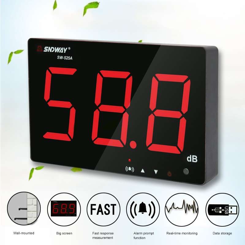 SNDWAY SW525B Wall-mounted DB Sound Level Meter Noise Tester with USB Data Storage Transfer & USB Co