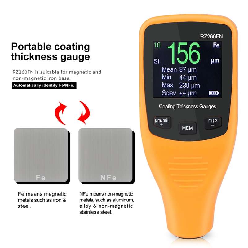 RZ260FN Ferrous & Non-Ferrous 2 in 1 LCD Display Ultrasonic Coating Paint Thickness Gauge Meter Tool