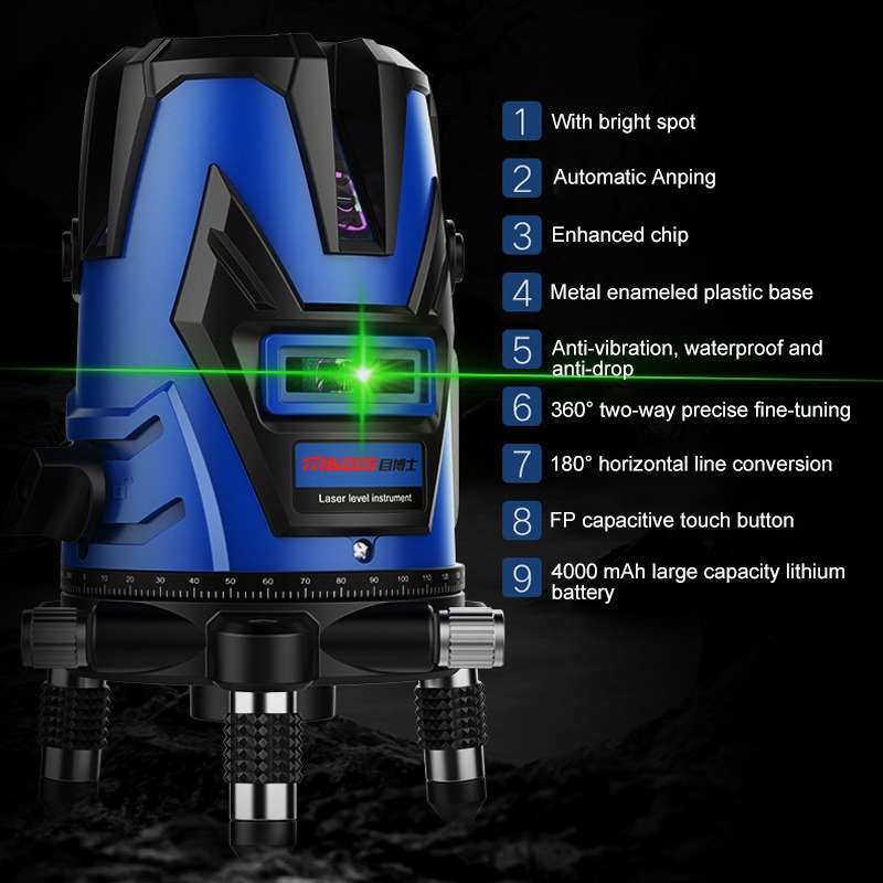 MBOOS Green Light 3 Line Outdoor Laser Level Instrument with Anti-drop Plastic Box & 1m Tripod