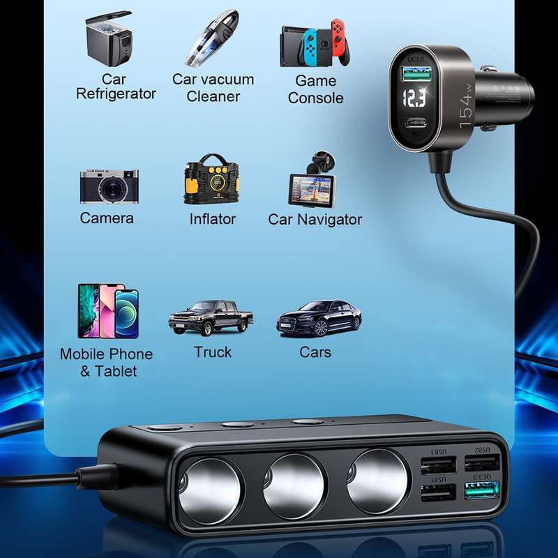 JOYROOM JR-CL06 9 in 1 154W PD USB-C / Type-C + Dual QC3.0 USB + 3 USB + 3 Cigarette Lighter Holes D