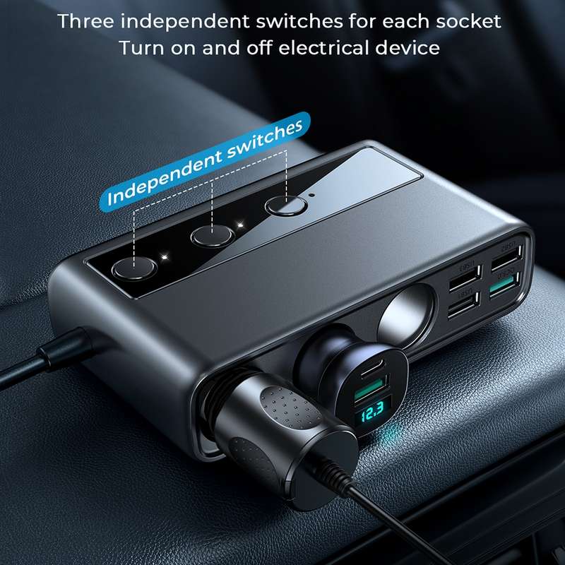 JOYROOM JR-CL06 9 in 1 154W PD USB-C / Type-C + Dual QC3.0 USB + 3 USB + 3 Cigarette Lighter Holes D