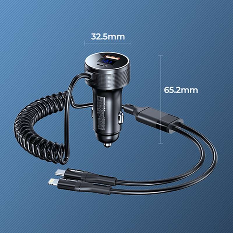 REMAX RCC336 Saga Series 2 in 1 Car 52.5W PD Fast Charger with USB-C / Type-C + 8 Pin Spring Cable