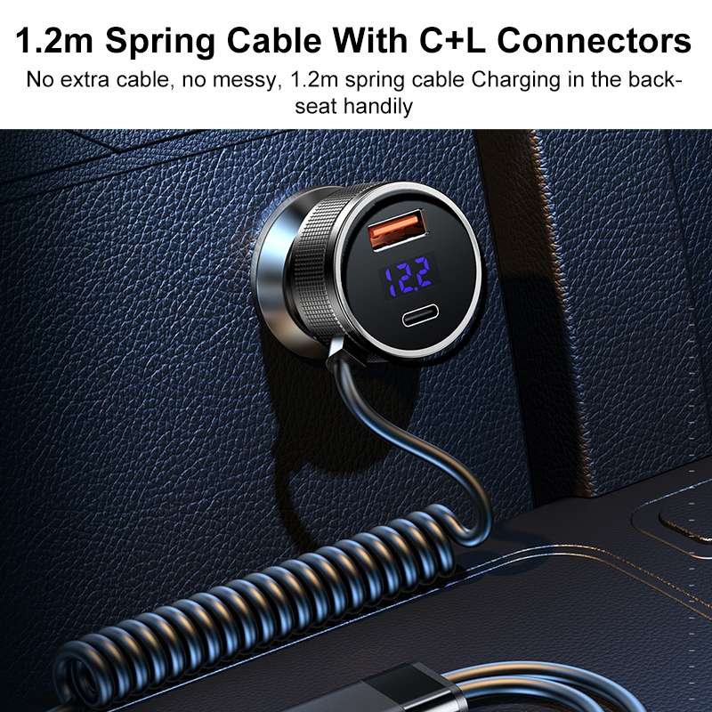 REMAX RCC336 Saga Series 2 in 1 Car 52.5W PD Fast Charger with USB-C / Type-C + 8 Pin Spring Cable