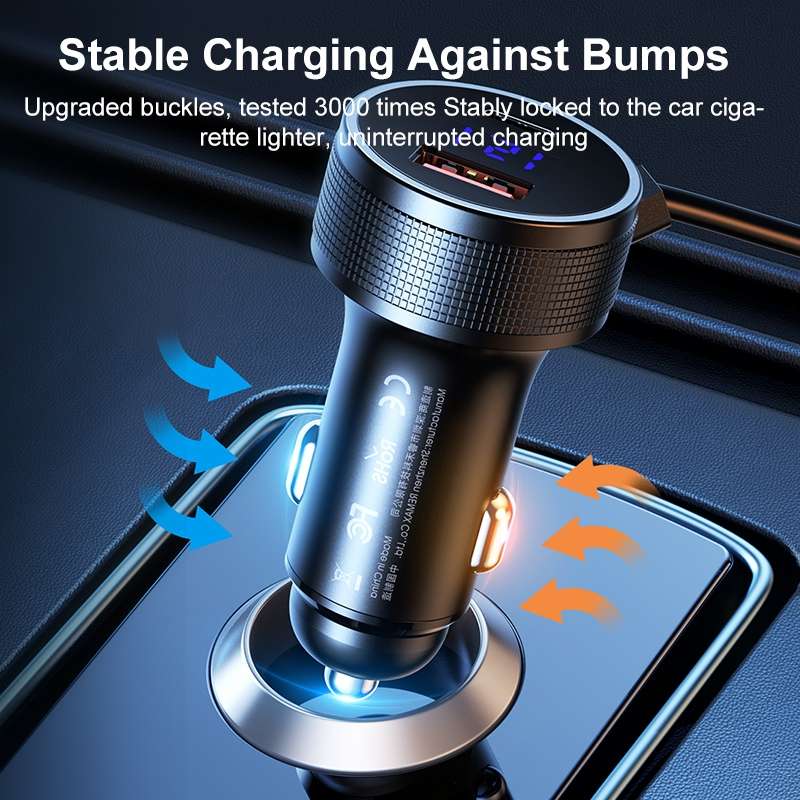 REMAX RCC336 Saga Series 2 in 1 Car 52.5W PD Fast Charger with USB-C / Type-C + 8 Pin Spring Cable