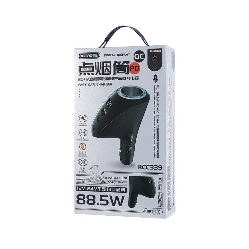REMAX RCC339 Warriors Series 3 in 1 Car Digital Cigarette Lighter 88.5W PD Fast Charger