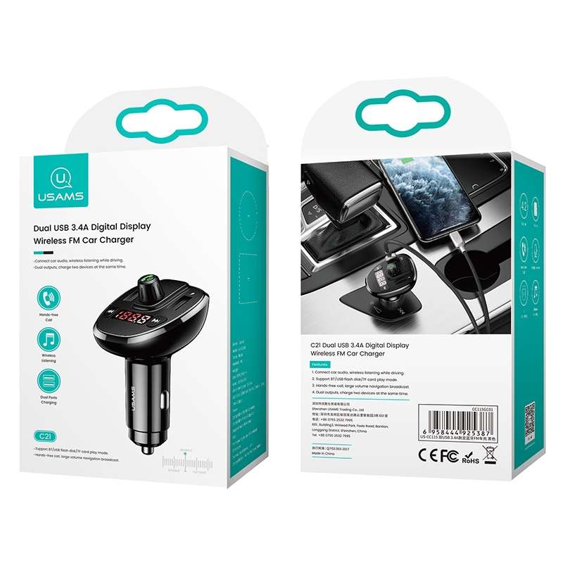 USAMS US-CC115 C21 Dual USB 3.4A Digital Display Wireless FM Car Charger(Black)