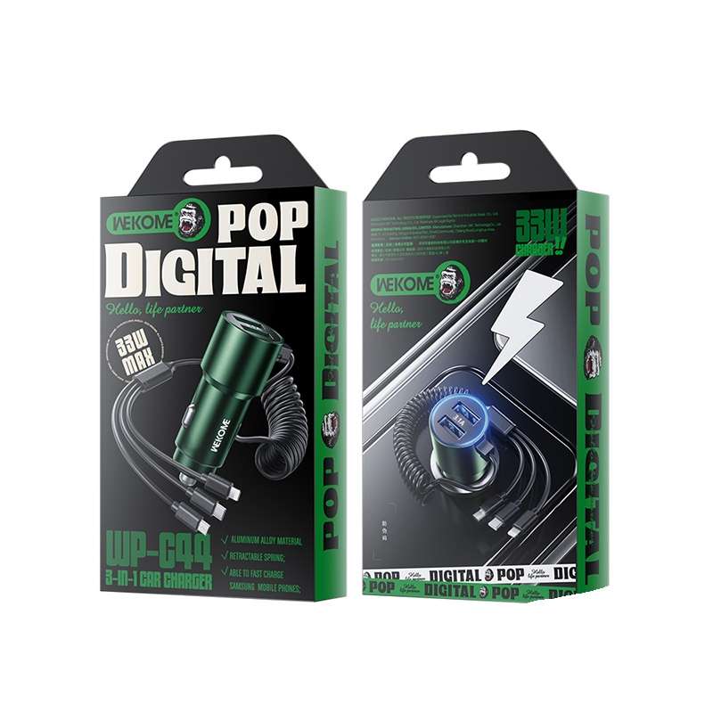 WK WP-C44 Pop Digital Series Ciahung 3-in-1 Cabled 33W Dual-USB Fast Car Charger (Black)