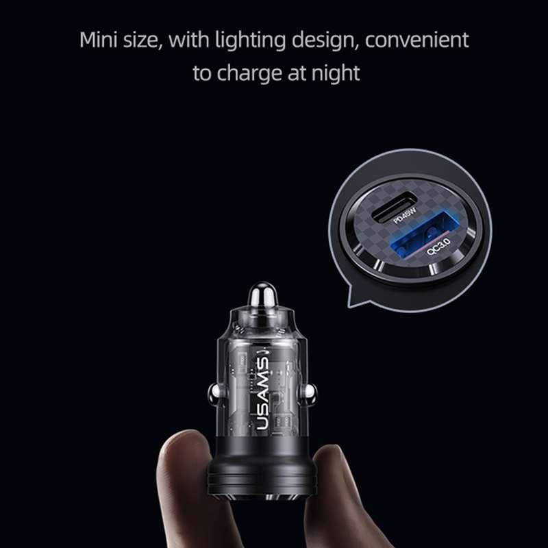 USAMS US-CC175 C35 45W Aluminum Alloy Transparent Dual USB Port Mini Car Charger (Black)