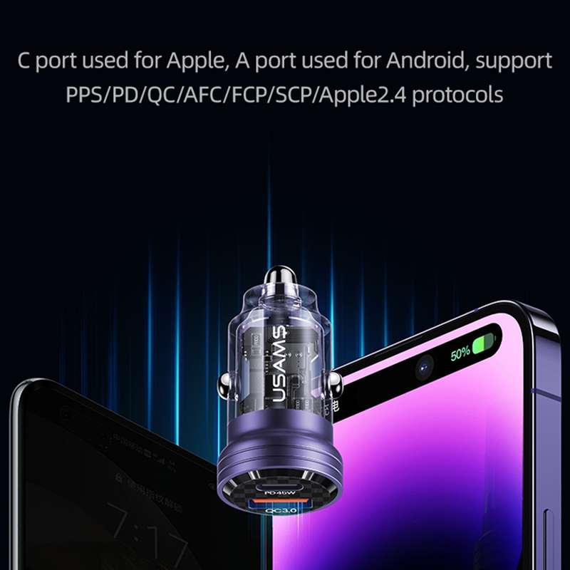 USAMS US-CC175 C35 45W Aluminum Alloy Transparent Dual USB Port Mini Car Charger (Black)