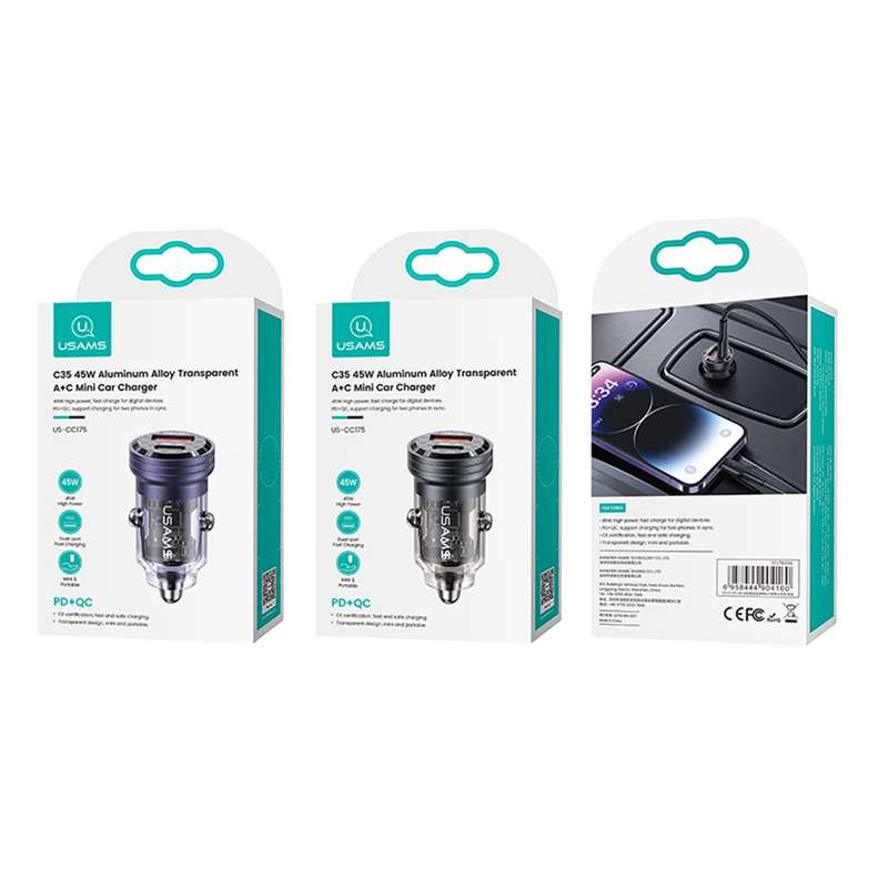 USAMS US-CC175 C35 45W Aluminum Alloy Transparent Dual USB Port Mini Car Charger (Black)