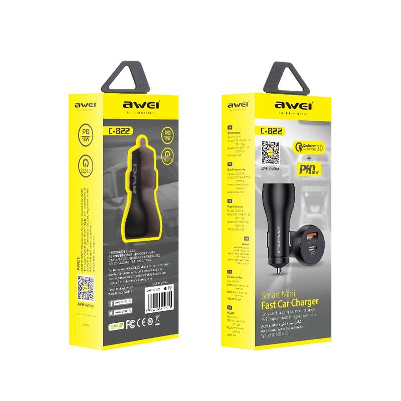 awei C-822 18W PD 8 Pin + 18W QC 3.0 USB Interface Car Charger(Black)