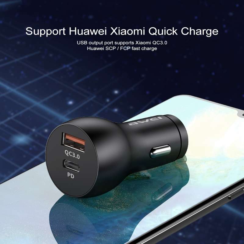 awei C-822 18W PD 8 Pin + 18W QC 3.0 USB Interface Car Charger(Black)