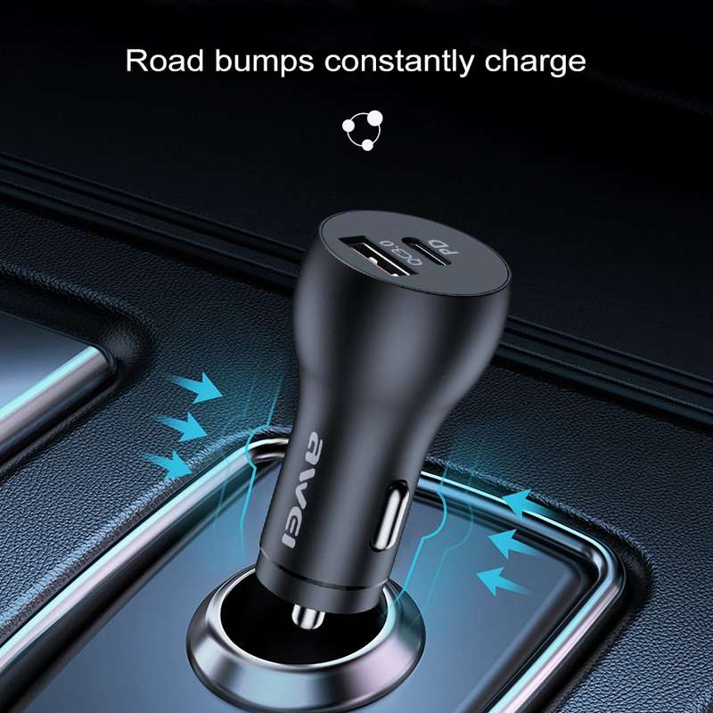 awei C-822 18W PD 8 Pin + 18W QC 3.0 USB Interface Car Charger(Black)
