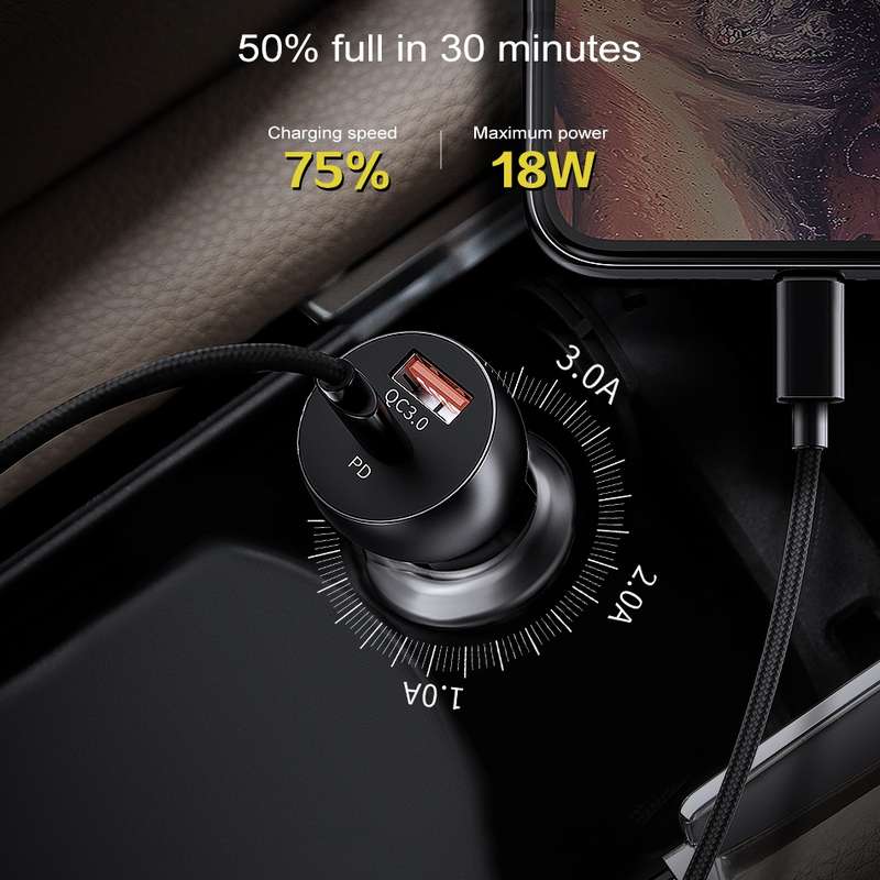 awei C-822 18W PD 8 Pin + 18W QC 3.0 USB Interface Car Charger(Black)