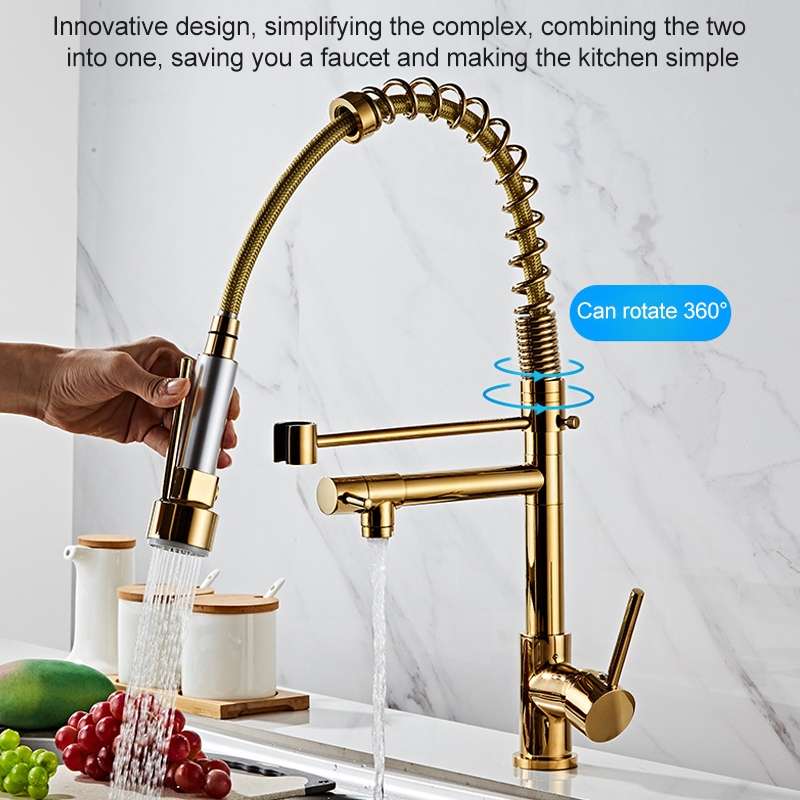 Copper Pull Type Large Spring Double Outlet Kitchen Sink Hot Cold Faucet