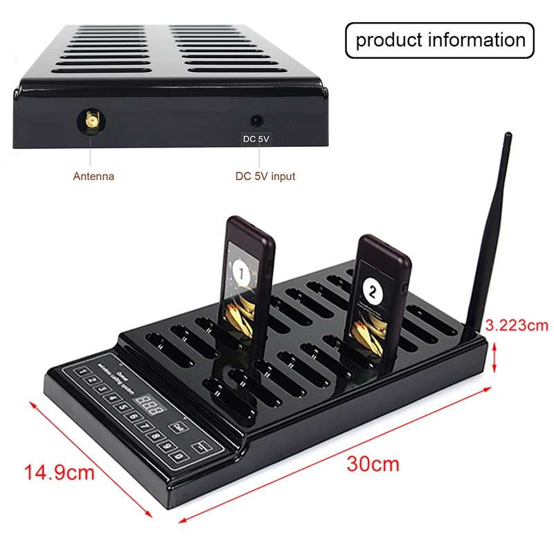 QC100 999 Channel Restaurant Wireless Paging Queuing Calling System with 20 Call Coaster Pagers, US