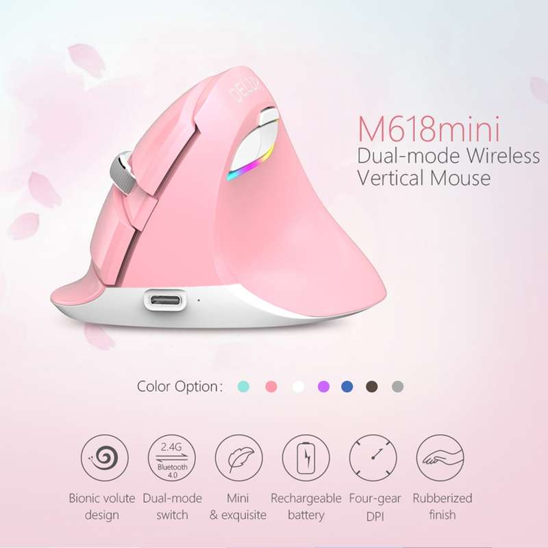 DELUX M618 Mini 2.4G Wireless 2400DPI USB Rechargeable Ergonomic Vertical Mouse (Pink)