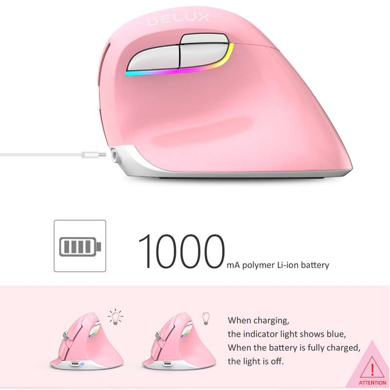 DELUX M618 Mini 2.4G Wireless 2400DPI USB Rechargeable Ergonomic Vertical Mouse (Pink)