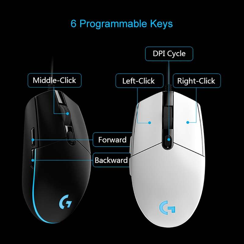 Logitech G102 6-keys RGB Glowing 6000DPI Five-speed Adjustable Wired Optical Gaming Mouse, Length: