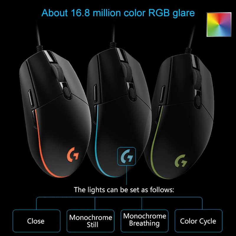 Logitech G102 6-keys RGB Glowing 6000DPI Five-speed Adjustable Wired Optical Gaming Mouse, Length:
