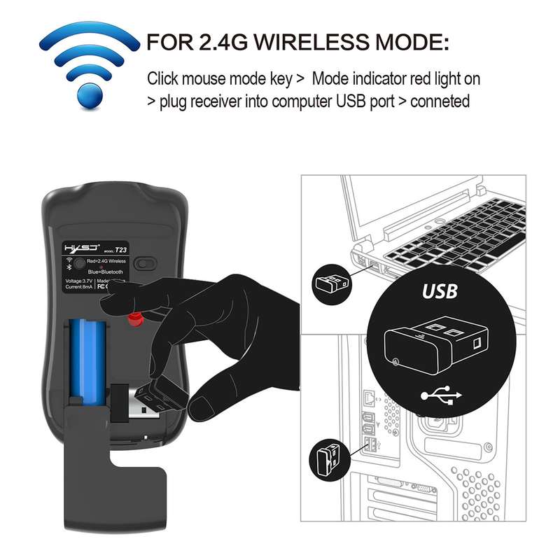 HXSJ T23 Bluetooth + 2.4GHz Wireless Dual Modes 4-Keys 1600 DPI Adjustable Ergonomics Optical Mouse