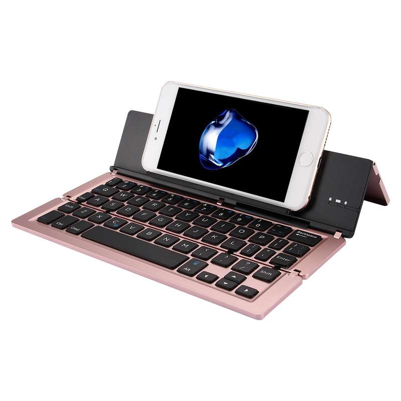 F18 Ultra-slim Rechargeable Foldable 58 Keys Bluetooth Wireless Keyboard with Holder (Gold)