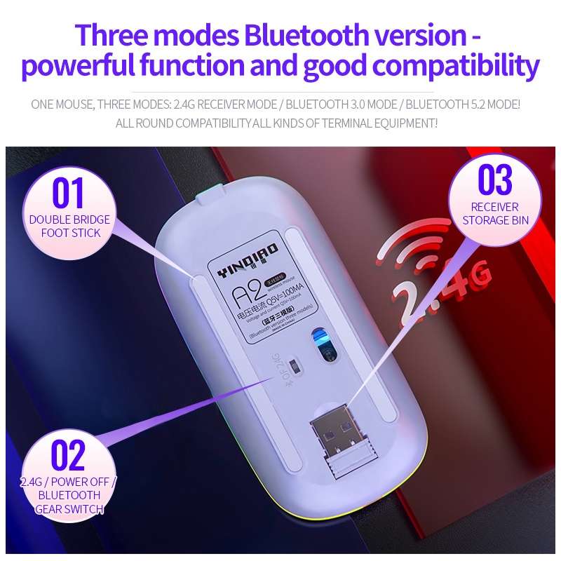 YINDIAO A2 BT3.0 + BT5.0 + 2.4GHz 1600DPI 3-modes Adjustable RGB Light Wireless Silent Bluetooth Mou