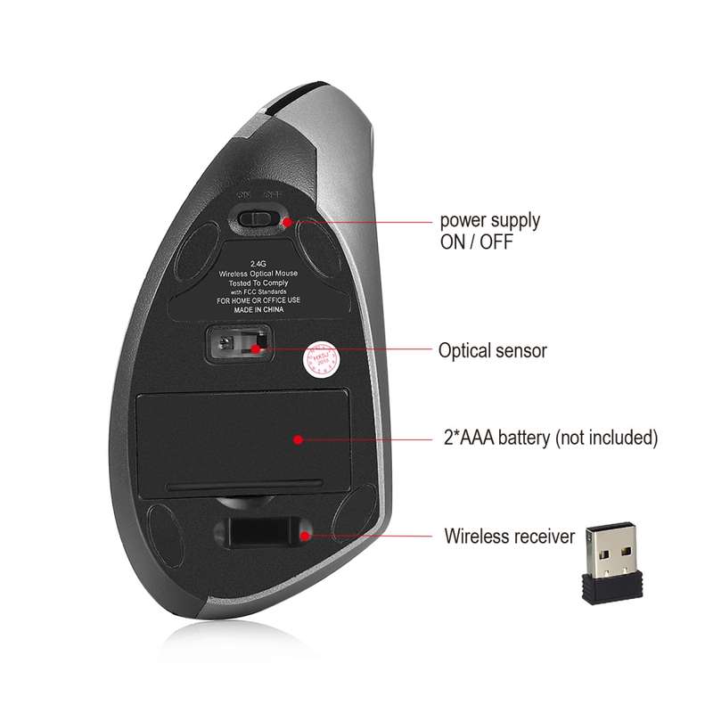 HXSJ T24 6 Buttons 2400 DPI 2.4G Wireless Vertical Ergonomic Mouse with USB Receiver(Grey)