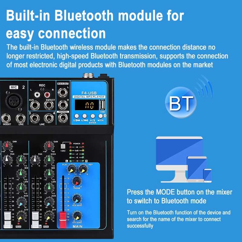 F4 Home 4-channel Bluetooth USB Reverb Mixer, EU Plug (Black)