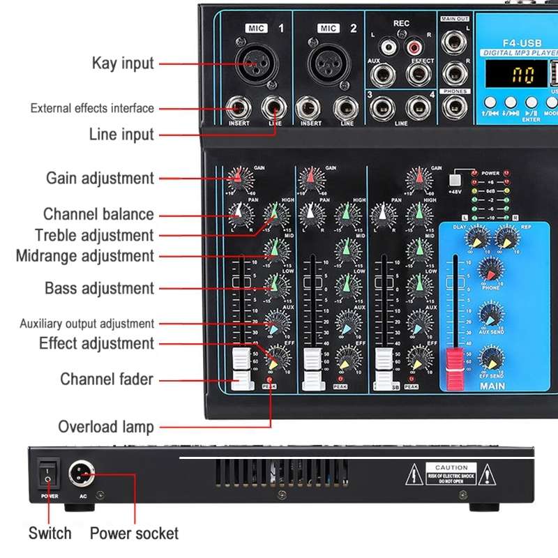 F4 Home 4-channel Bluetooth USB Reverb Mixer, EU Plug (Black)