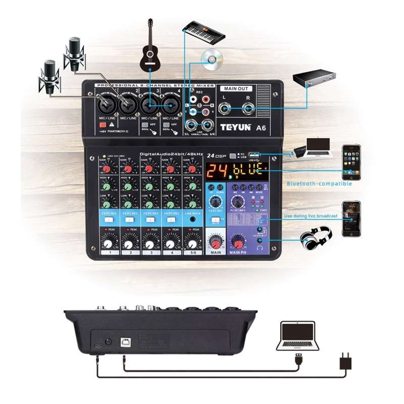 F4 Home 4-channel Bluetooth USB Reverb Mixer, EU Plug (Black)