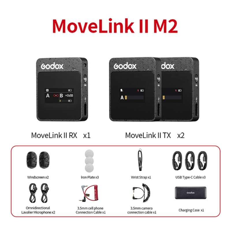 Godox MoveLink II M2 Wireless Lavalier Microphone System with 2 Transmitters and 1 Receiver for DSLR