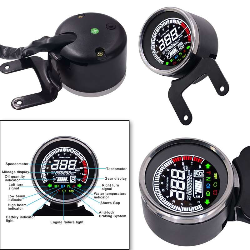 Universal Motorcycle Modified Multi-functional LED Digital Meter Indicator Light Tachometer Odometer