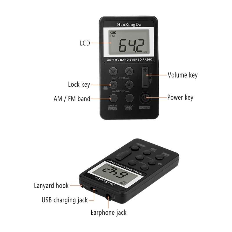 Portable AM / FM Two Bands Rechargeable Stereo Radio Mini Receiver with & LCD Screen & Earphone Jack