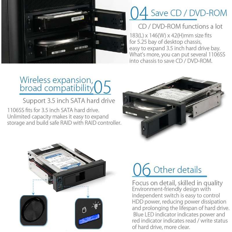 ORICO 1106SS CD-ROM Space HDD Mobile Rack Internal 3.5 inch HDD Convertor Enclosure(Black)