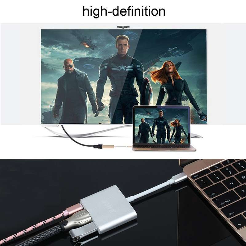USB-C / Type-C 3.1 Male to USB-C / Type-C 3.1 Female & HDMI Female & USB 3.0 Female Adapter(Silver)