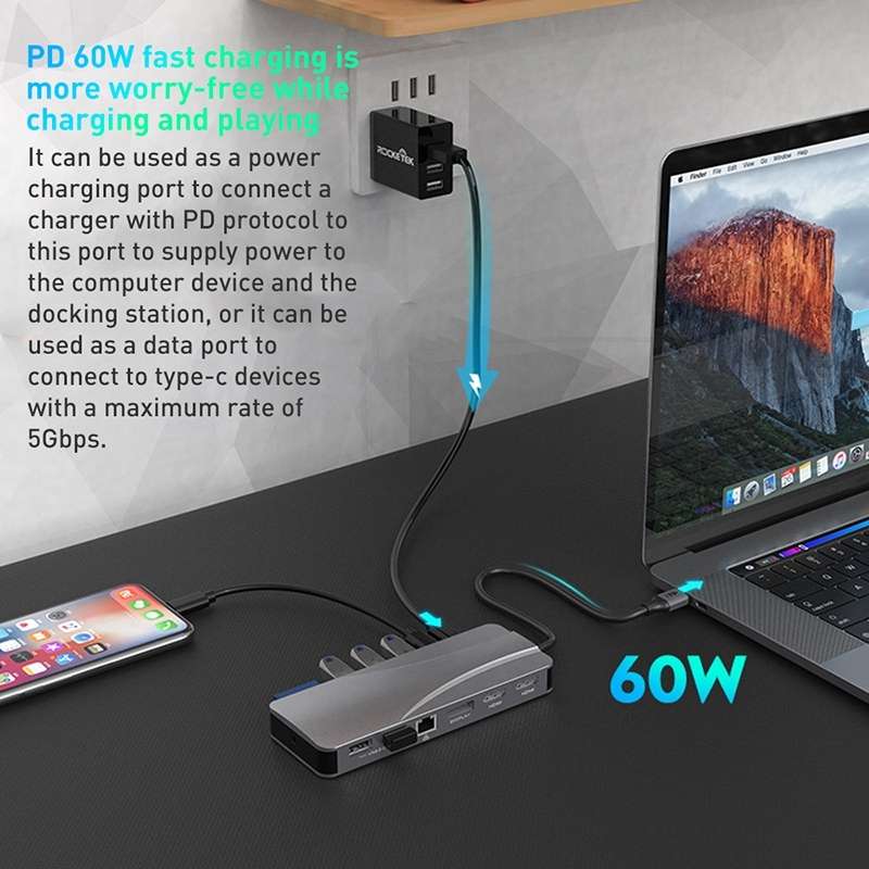 Rocketek HC451 Type-C to 60W PD + 4K HDMI + DP + 100M RJ45 14 in 1 HUB Adapter