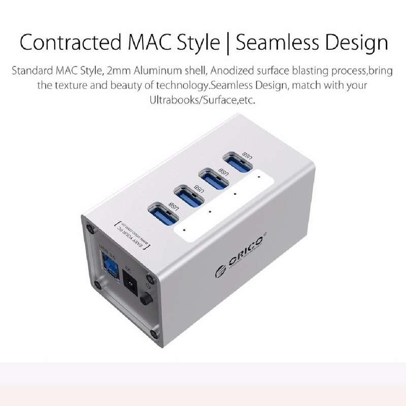 ORICO A3H4 Aluminum High Speed 4 Ports USB 3.0 HUB with 12V/2.5A Power Supply for Laptops(Silver)