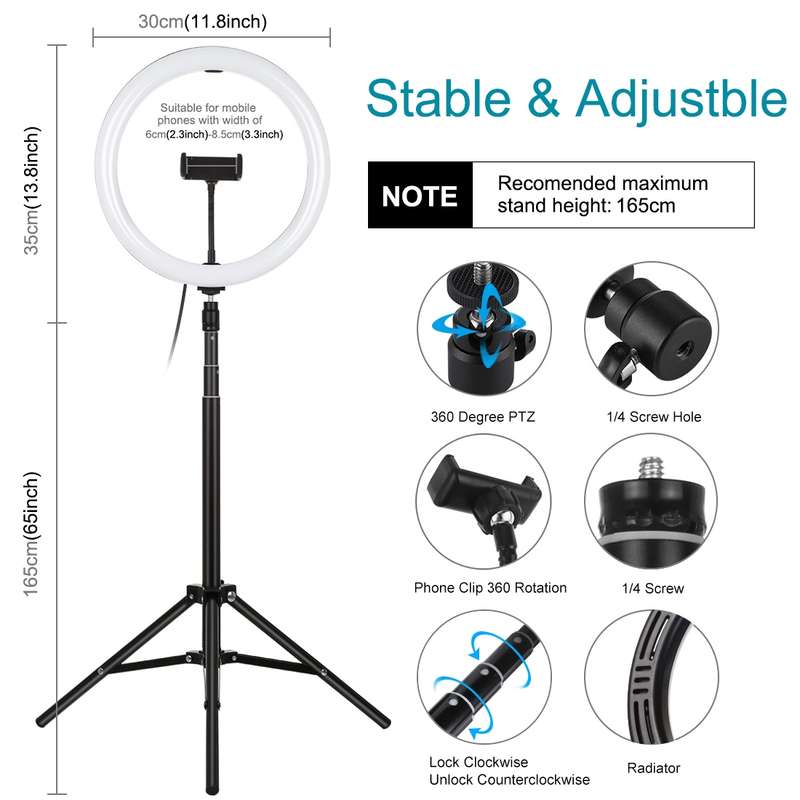 PULUZ 11.8 inch 30cm Light + 1.65m Tripod Mount Curved Surface USB 3 Modes Dimmable Dual Color