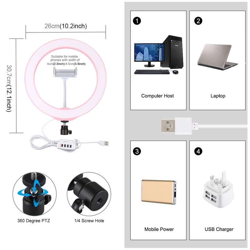 PULUZ 10.2 inch 26cm USB 3 Modes Dimmable LED Ring Vlogging Selfie Beauty Photography Video Lig