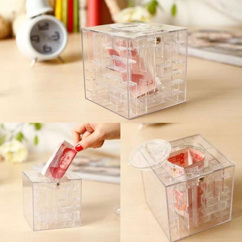 3D Puzzle Transparent Money Maze Bank Saving Coin Gift Box(White)
